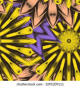 Seamless floral background. Tracery handmade nature ethnic fabric backdrop pattern with flowers. Textile design texture. Decorative color art. Vector