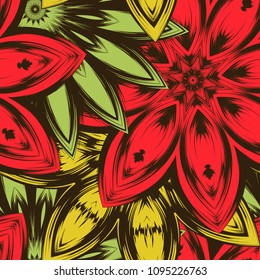 Seamless floral background. Tracery handmade nature ethnic fabric backdrop pattern with flowers. Textile design texture. Decorative color art. Vector