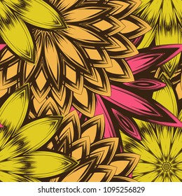 Seamless floral background. Tracery handmade nature ethnic fabric backdrop pattern with flowers. Textile design texture. Decorative color art. Vector