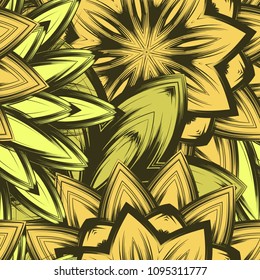 Seamless floral background. Tracery handmade nature ethnic fabric backdrop pattern with flowers. Textile design texture. Decorative color art. Vector