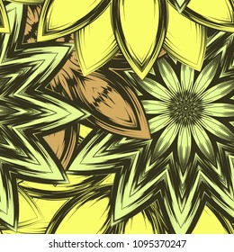Seamless floral background. Tracery handmade nature ethnic fabric backdrop pattern with flowers. Textile design texture. Decorative color art. Vector