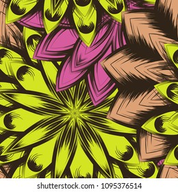 Seamless floral background. Tracery handmade nature ethnic fabric backdrop pattern with flowers. Textile design texture. Decorative color art. Vector