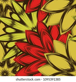 Seamless floral background. Tracery handmade nature ethnic fabric backdrop pattern with flowers. Textile design texture. Decorative color art. Vector