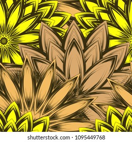 Seamless floral background. Tracery handmade nature ethnic fabric backdrop pattern with flowers. Textile design texture. Decorative color art. Vector