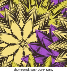 Seamless floral background. Tracery handmade nature ethnic fabric backdrop pattern with flowers. Textile design texture. Decorative color art. Vector