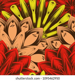 Seamless floral background. Tracery handmade nature ethnic fabric backdrop pattern with flowers. Textile design texture. Decorative color art. Vector