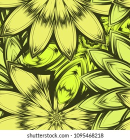 Seamless floral background. Tracery handmade nature ethnic fabric backdrop pattern with flowers. Textile design texture. Decorative color art. Vector