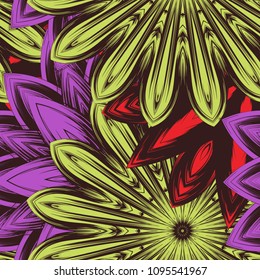 Seamless floral background. Tracery handmade nature ethnic fabric backdrop pattern with flowers. Textile design texture. Decorative color art. Vector