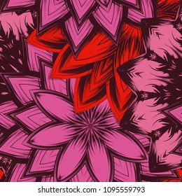 Seamless floral background. Tracery handmade nature ethnic fabric backdrop pattern with flowers. Textile design texture. Decorative color art. Vector