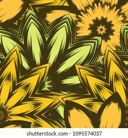 Seamless floral background. Tracery handmade nature ethnic fabric backdrop pattern with flowers. Textile design texture. Decorative color art. Vector