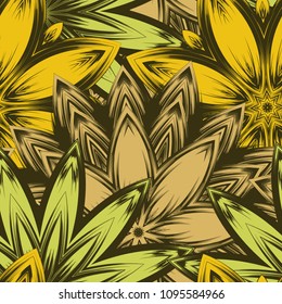 Seamless floral background. Tracery handmade nature ethnic fabric backdrop pattern with flowers. Textile design texture. Decorative color art. Vector