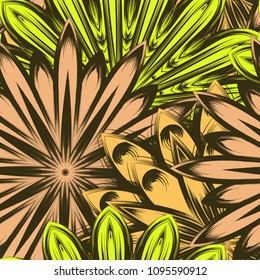 Seamless floral background. Tracery handmade nature ethnic fabric backdrop pattern with flowers. Textile design texture. Decorative color art. Vector