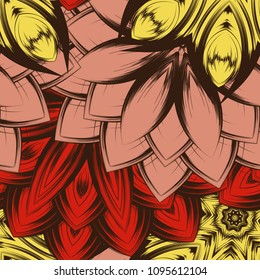 Seamless floral background. Tracery handmade nature ethnic fabric backdrop pattern with flowers. Textile design texture. Decorative color art. Vector