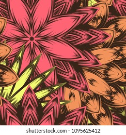 Seamless floral background. Tracery handmade nature ethnic fabric backdrop pattern with flowers. Textile design texture. Decorative color art. Vector