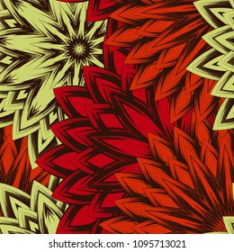 Seamless floral background. Tracery handmade nature ethnic fabric backdrop pattern with flowers. Textile design texture. Decorative color art. Vector