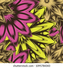 Seamless floral background. Tracery handmade nature ethnic fabric backdrop pattern with flowers. Textile design texture. Decorative color art. Vector