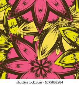 Seamless floral background. Tracery handmade nature ethnic fabric backdrop pattern with flowers. Textile design texture. Decorative color art. Vector