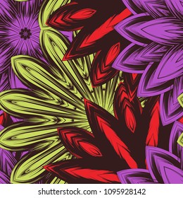 Seamless floral background. Tracery handmade nature ethnic fabric backdrop pattern with flowers. Textile design texture. Decorative color art. Vector