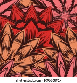 Seamless floral background. Tracery handmade nature ethnic fabric backdrop pattern with flowers. Textile design texture. Decorative color art. Vector