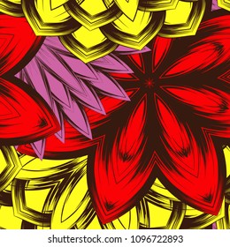 Seamless floral background. Tracery handmade nature ethnic fabric backdrop pattern with flowers. Textile design texture. Decorative color art. Vector