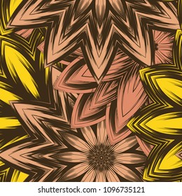 Seamless floral background. Tracery handmade nature ethnic fabric backdrop pattern with flowers. Textile design texture. Decorative color art. Vector
