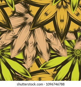 Seamless floral background. Tracery handmade nature ethnic fabric backdrop pattern with flowers. Textile design texture. Decorative color art. Vector