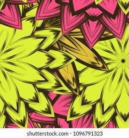 Seamless floral background. Tracery handmade nature ethnic fabric backdrop pattern with flowers. Textile design texture. Decorative color art. Vector