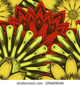Seamless floral background. Tracery handmade nature ethnic fabric backdrop pattern with flowers. Textile design texture. Decorative color art. Vector