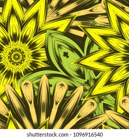 Seamless floral background. Tracery handmade nature ethnic fabric backdrop pattern with flowers. Textile design texture. Decorative color art. Vector