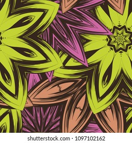 Seamless floral background. Tracery handmade nature ethnic fabric backdrop pattern with flowers. Textile design texture. Decorative color art. Vector