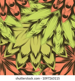 Seamless floral background. Tracery handmade nature ethnic fabric backdrop pattern with flowers. Textile design texture. Decorative color art. Vector