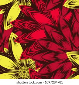 Seamless floral background. Tracery handmade nature ethnic fabric backdrop pattern with flowers. Textile design texture. Decorative color art. Vector