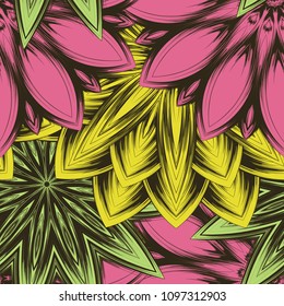 Seamless floral background. Tracery handmade nature ethnic fabric backdrop pattern with flowers. Textile design texture. Decorative color art. Vector