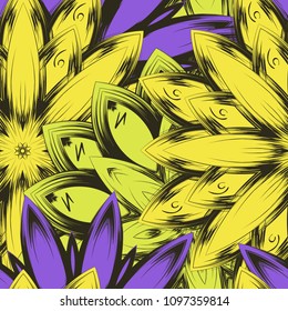 Seamless floral background. Tracery handmade nature ethnic fabric backdrop pattern with flowers. Textile design texture. Decorative color art. Vector