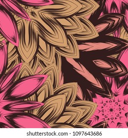 Seamless floral background. Tracery handmade nature ethnic fabric backdrop pattern with flowers. Textile design texture. Decorative color art. Vector
