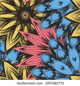 Seamless floral background. Tracery handmade nature ethnic fabric backdrop pattern with flowers. Textile design texture. Decorative color art. Vector