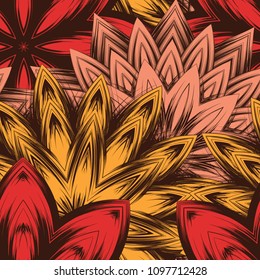 Seamless floral background. Tracery handmade nature ethnic fabric backdrop pattern with flowers. Textile design texture. Decorative color art. Vector