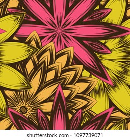 Seamless floral background. Tracery handmade nature ethnic fabric backdrop pattern with flowers. Textile design texture. Decorative color art. Vector