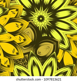 Seamless floral background. Tracery handmade nature ethnic fabric backdrop pattern with flowers. Textile design texture. Decorative color art. Vector