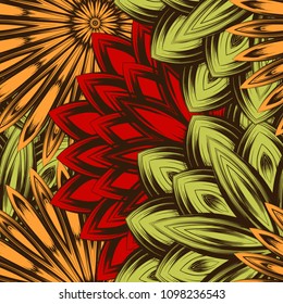 Seamless floral background. Tracery handmade nature ethnic fabric backdrop pattern with flowers. Textile design texture. Decorative color art. Vector