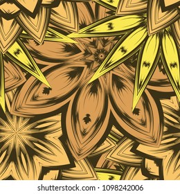 Seamless floral background. Tracery handmade nature ethnic fabric backdrop pattern with flowers. Textile design texture. Decorative color art. Vector
