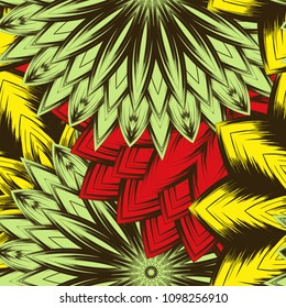 Seamless floral background. Tracery handmade nature ethnic fabric backdrop pattern with flowers. Textile design texture. Decorative color art. Vector