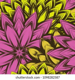 Seamless floral background. Tracery handmade nature ethnic fabric backdrop pattern with flowers. Textile design texture. Decorative color art. Vector
