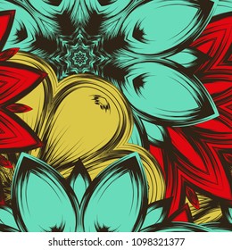 Seamless floral background. Tracery handmade nature ethnic fabric backdrop pattern with flowers. Textile design texture. Decorative color art. Vector