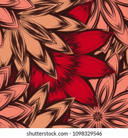 Seamless floral background. Tracery handmade nature ethnic fabric backdrop pattern with flowers. Textile design texture. Decorative color art. Vector