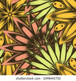 Seamless floral background. Tracery handmade nature ethnic fabric backdrop pattern with flowers. Textile design texture. Decorative color art. Vector