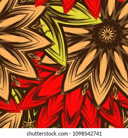 Seamless floral background. Tracery handmade nature ethnic fabric backdrop pattern with flowers. Textile design texture. Decorative color art. Vector