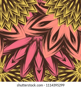 Seamless floral background. Tracery handmade nature ethnic fabric backdrop pattern with flowers. Textile design texture. Decorative color art. Vector