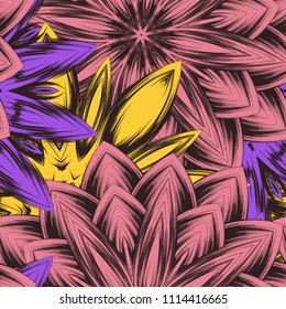 Seamless floral background. Tracery handmade nature ethnic fabric backdrop pattern with flowers. Textile design texture. Decorative color art. Vector