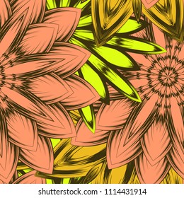 Seamless floral background. Tracery handmade nature ethnic fabric backdrop pattern with flowers. Textile design texture. Decorative color art. Vector